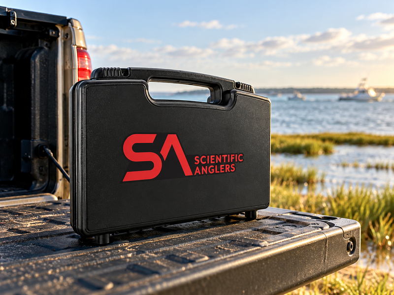SA Fly Box boat box on a truck tailgate by the water